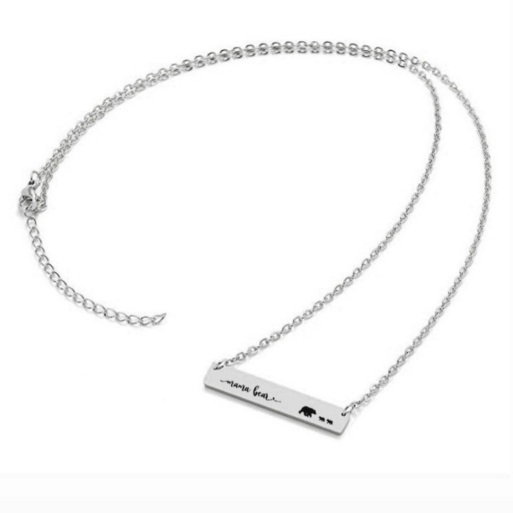 Mama bear necklace. Stainless steel bar and chain.  Adjustable chain. Silver.